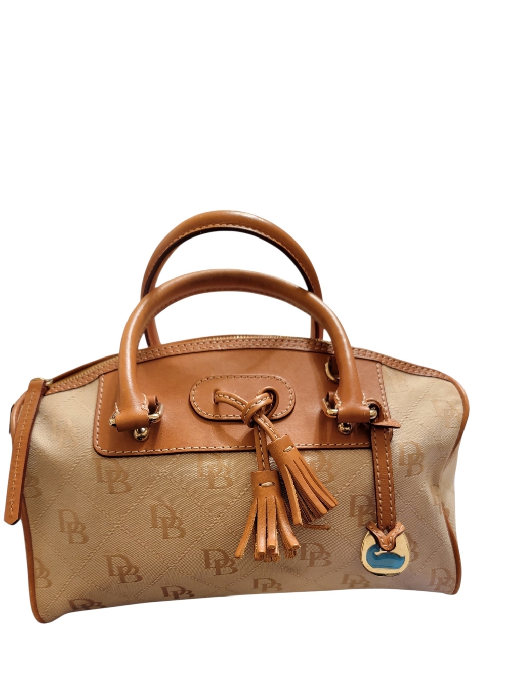 Dooney and Bourke Tan Monogram Satchel Handbag with Tassel